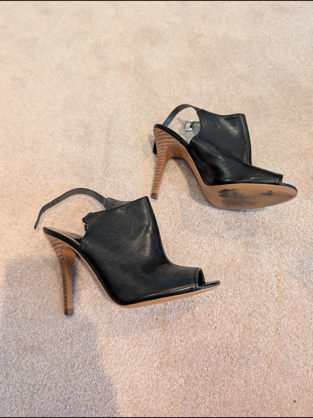 Coach Black Leather Peep-Toe Slingback Heels with Brown Stacked Heel